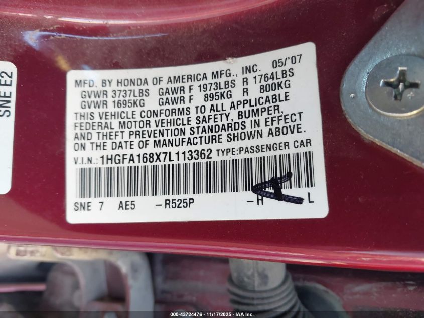 2007 Honda Civic Ex VIN: 1HGFA168X7L113362 Lot: 43724476