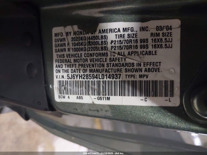 2004 Honda Element Ex VIN: 5J6YH28594L014937 Lot: 43724478