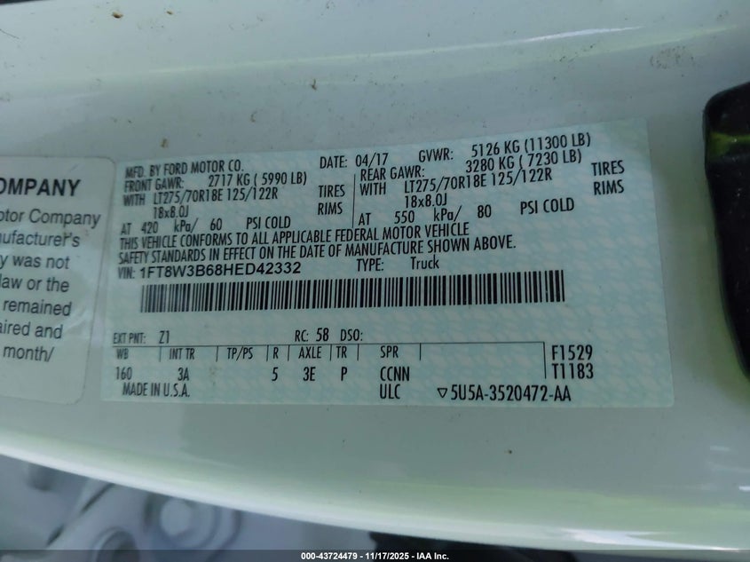 2017 Ford F-350 Xlt VIN: 1FT8W3B68HED42332 Lot: 43724479