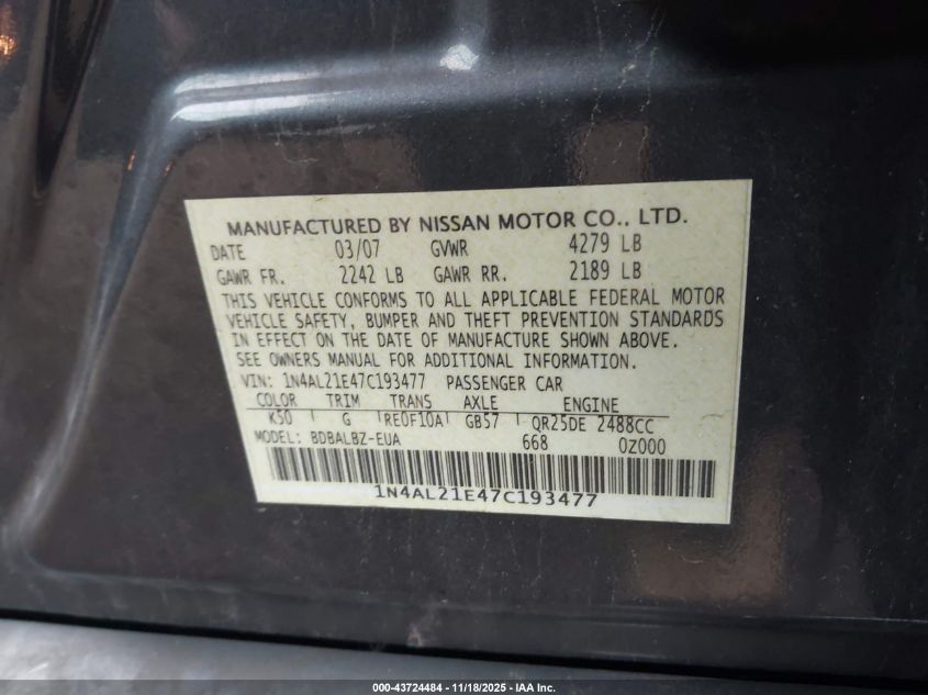 2007 Nissan Altima 2.5 S VIN: 1N4AL21E47C193477 Lot: 43724484