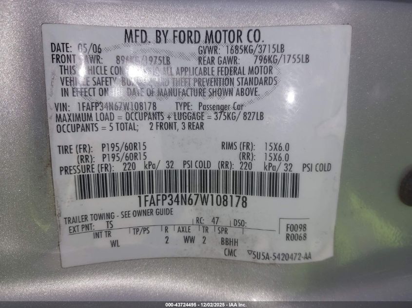 2007 Ford Focus S/Se/Ses VIN: 1FAFP34N67W108178 Lot: 43724495