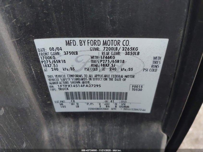1FTPX14514FA27295 2004 FORD F-150 photo no. 9