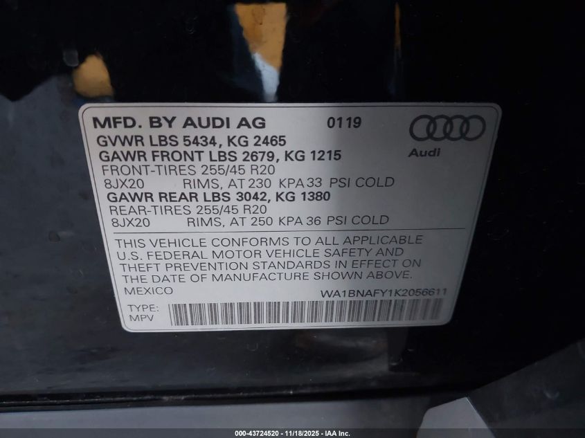 2019 Audi Q5 45 Premium VIN: WA1BNAFY1K2056611 Lot: 43724520