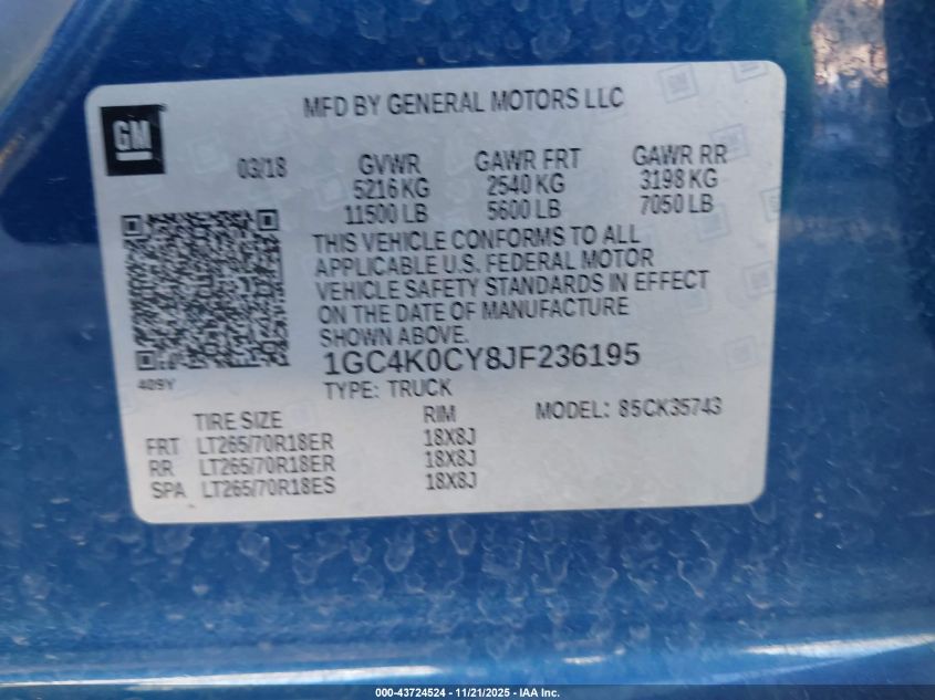 2018 Chevrolet Silverado 3500Hd Ltz VIN: 1GC4K0CY8JF236195 Lot: 43724524