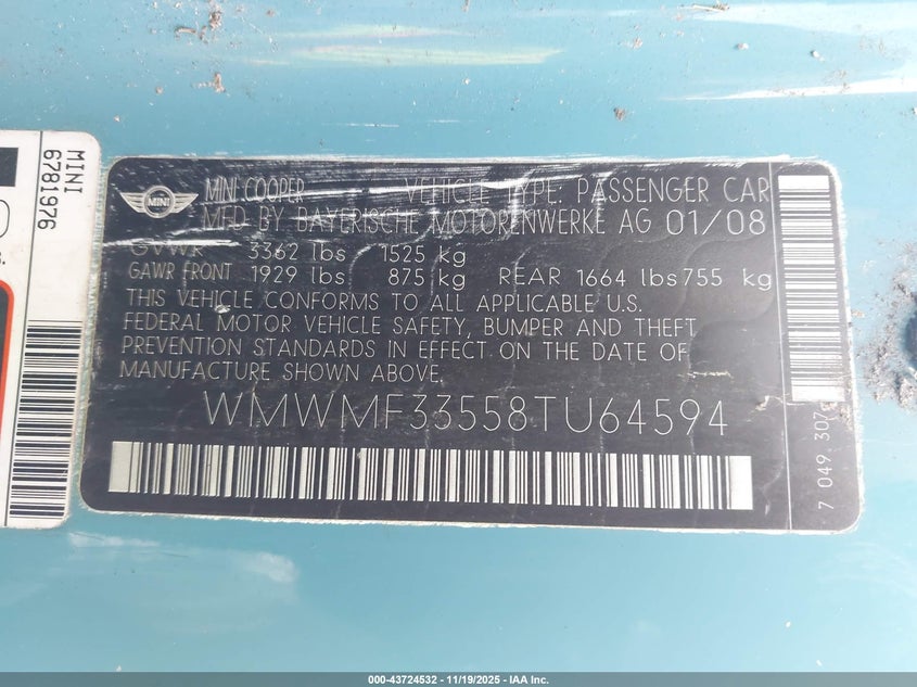 2008 Mini Cooper VIN: WMWMF33558TU64594 Lot: 43724532