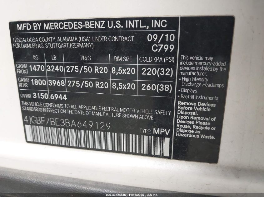 2011 Mercedes-Benz Gl 450 4Matic VIN: 4JGBF7BE3BA649129 Lot: 43724536