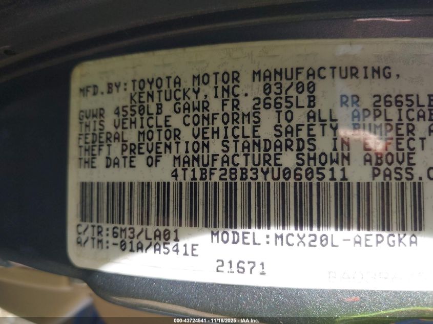 2000 Toyota Avalon Xls VIN: 4T1BF28B3YU060511 Lot: 43724541