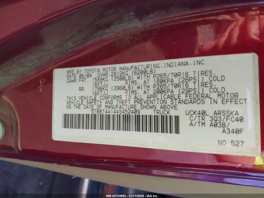 2004 Toyota Tundra Sr5 V8 VIN: 5TBBT44144S452409 Lot: 43724552