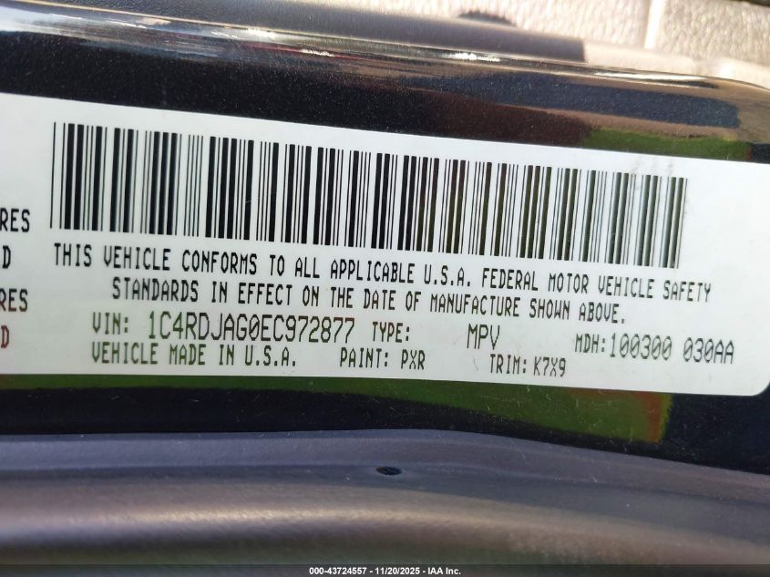 2014 Dodge Durango Sxt VIN: 1C4RDJAG0EC972877 Lot: 43724557