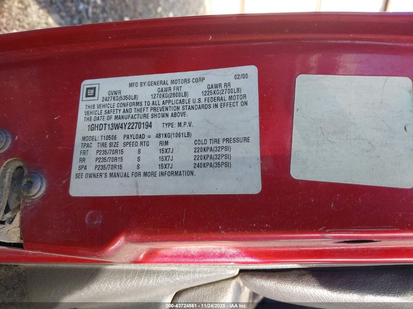 2000 Oldsmobile Bravada VIN: 1GHDT13W4Y2270194 Lot: 43724561