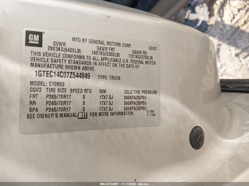 2007 GMC Sierra 1500 Work Truck VIN: 1GTEC14C07Z544849 Lot: 43724597