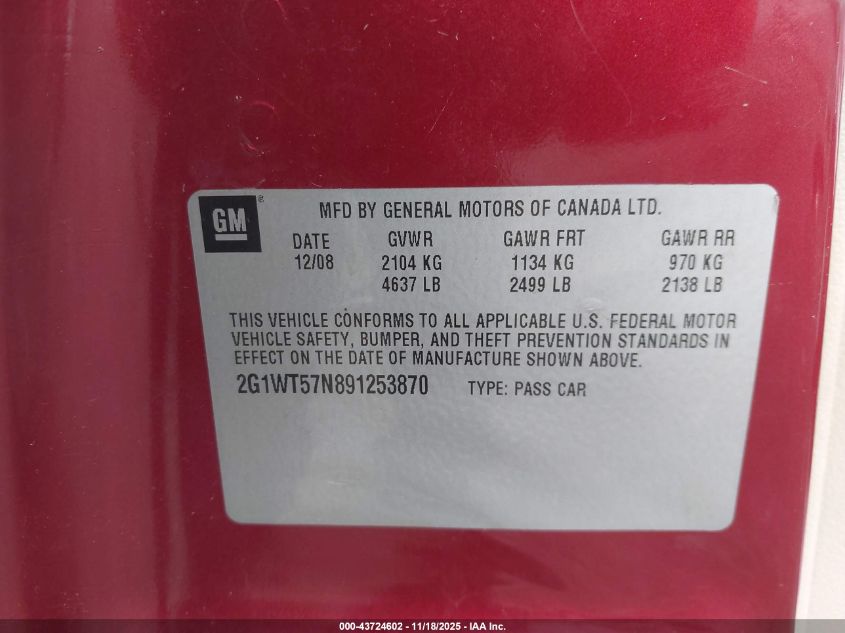 2009 Chevrolet Impala Lt VIN: 2G1WT57N891253870 Lot: 43724602