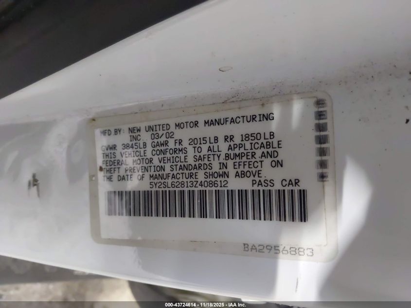 2003 Pontiac Vibe VIN: 5Y2SL62813Z408612 Lot: 43724614