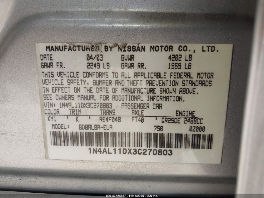 2003 Nissan Altima 2.5 S VIN: 1N4AL11DX3C270803 Lot: 43724627