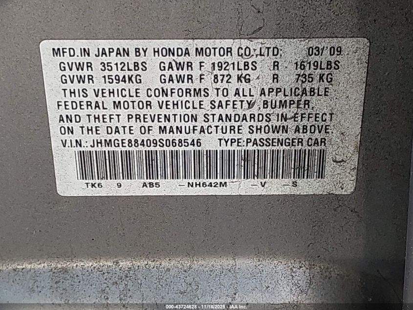 2009 Honda Fit Sport VIN: JHMGE88409S068546 Lot: 43724628