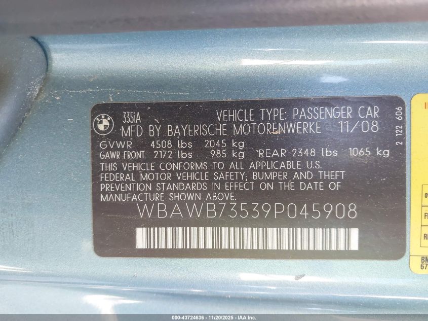 2009 BMW 335I VIN: WBAWB73539P045908 Lot: 43724636
