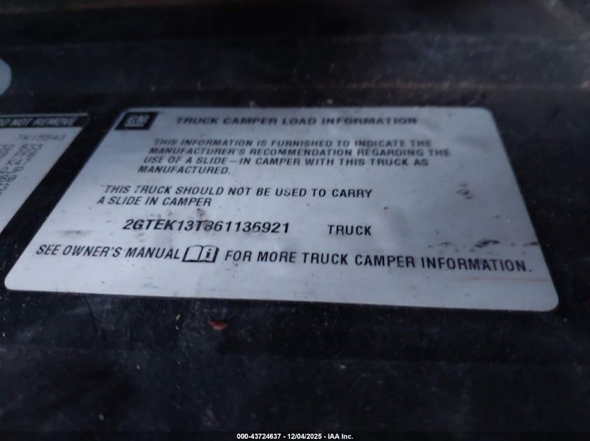 2006 GMC Sierra 1500 Sle1 VIN: 2GTEK13T861136921 Lot: 43724637
