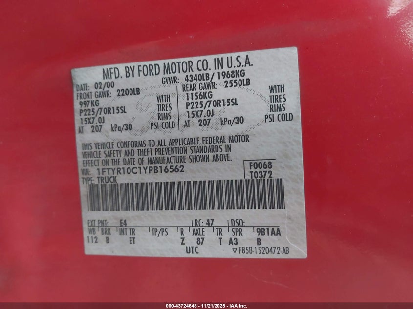 2000 Ford Ranger Xl/Xlt VIN: 1FTYR10C1YPB16562 Lot: 43724648