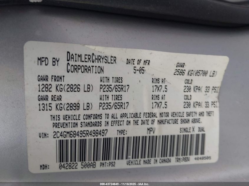 2005 Chrysler Pacifica Touring VIN: 2C4GM68495R498497 Lot: 43724649