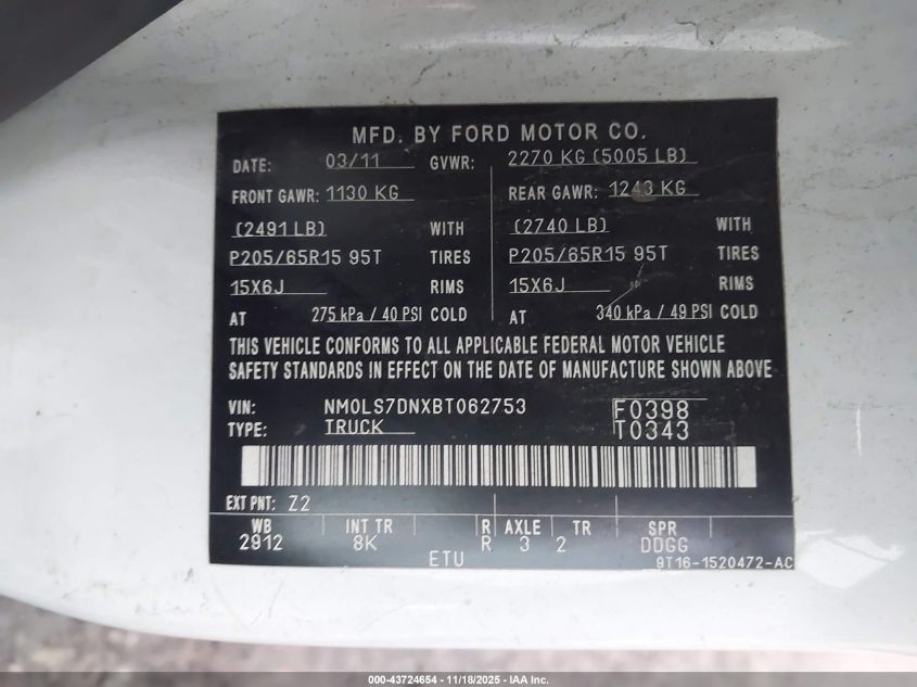 2011 Ford Transit Connect Xlt VIN: NM0LS7DNXBT062753 Lot: 43724654