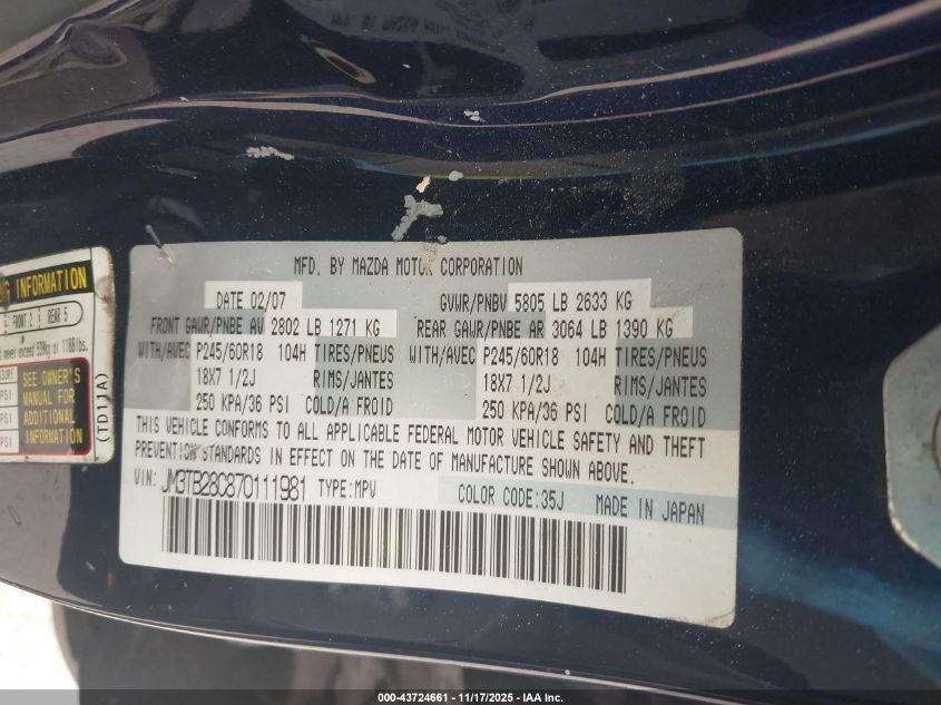 2007 Mazda Cx-9 Sport VIN: JM3TB28C870111981 Lot: 43724661