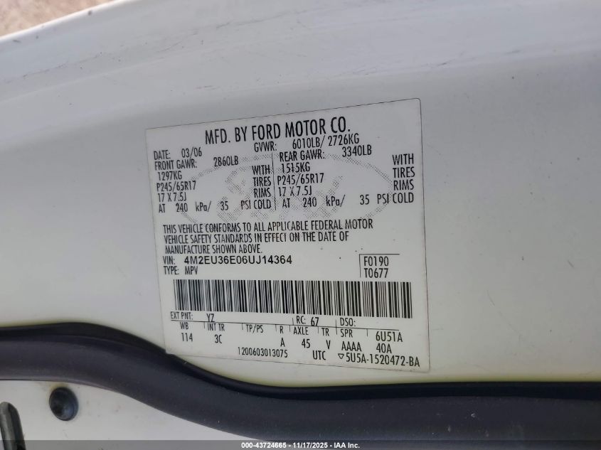2006 Mercury Mountaineer Convenience VIN: 4M2EU36E06UJ14364 Lot: 43724665