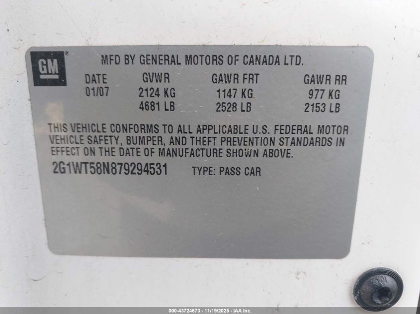 2007 Chevrolet Impala Lt VIN: 2G1WT58N879294531 Lot: 43724673