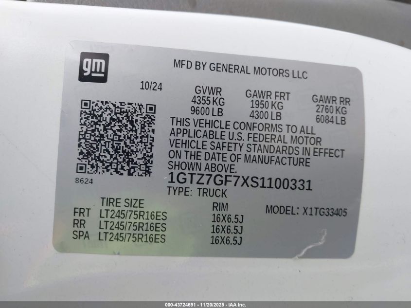 2025 GMC Savana Cargo Rwd 3500 Regular Wheelbase Work Van VIN: 1GTZ7GF7XS1100331 Lot: 43724691