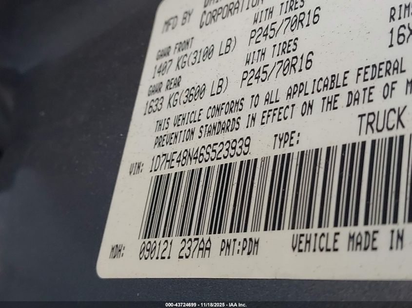2006 Dodge Dakota Slt VIN: 1D7HE48N46S523939 Lot: 43724699