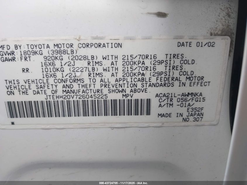 2002 Toyota Rav4 VIN: JTEHH20V726045225 Lot: 43724705