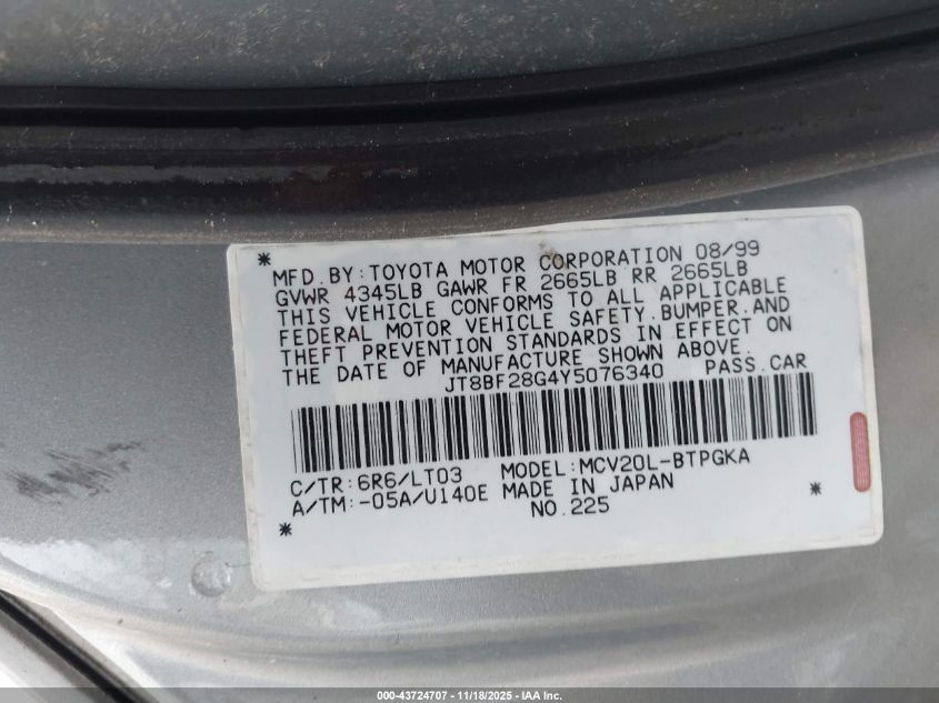 2000 Lexus Es 300 VIN: JT8BF28G4Y5076340 Lot: 43724707