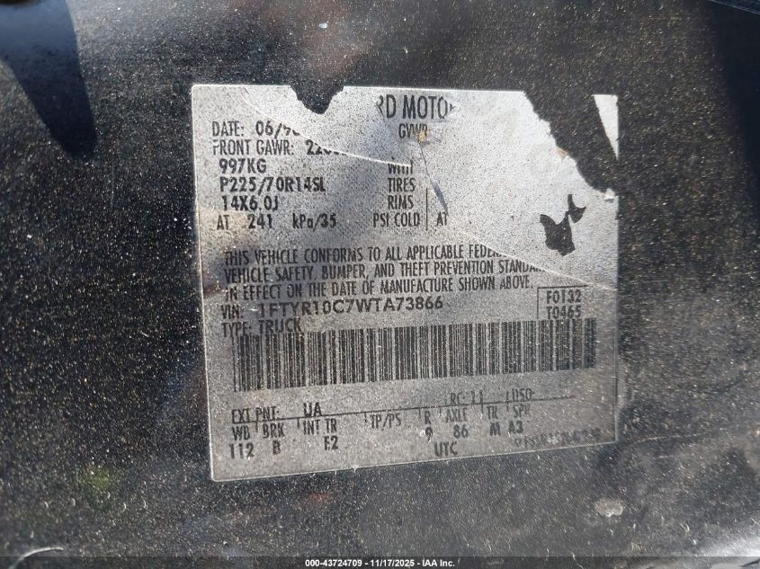 1998 Ford Ranger Splash/Xl/Xlt VIN: 1FTYR10C7WTA73866 Lot: 43724709