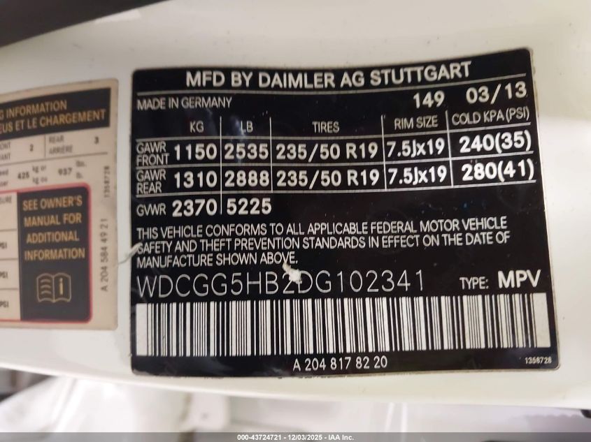 2013 Mercedes-Benz Glk 350 VIN: WDCGG5HB2DG102341 Lot: 43724721