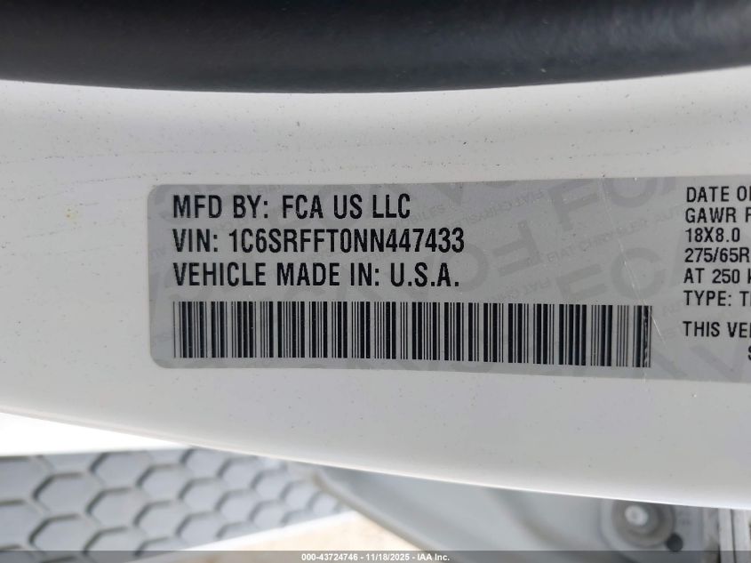 2022 Ram 1500 Lone Star 4X4 5'7 Box VIN: 1C6SRFFT0NN447433 Lot: 43724746