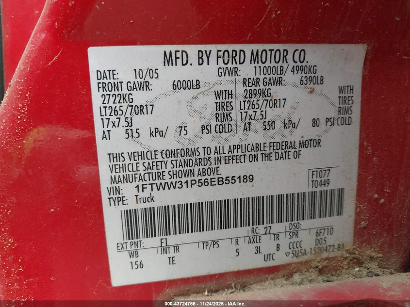 2006 Ford F-350 Lariat/Xl/Xlt VIN: 1FTWW31P56EB55189 Lot: 43724756