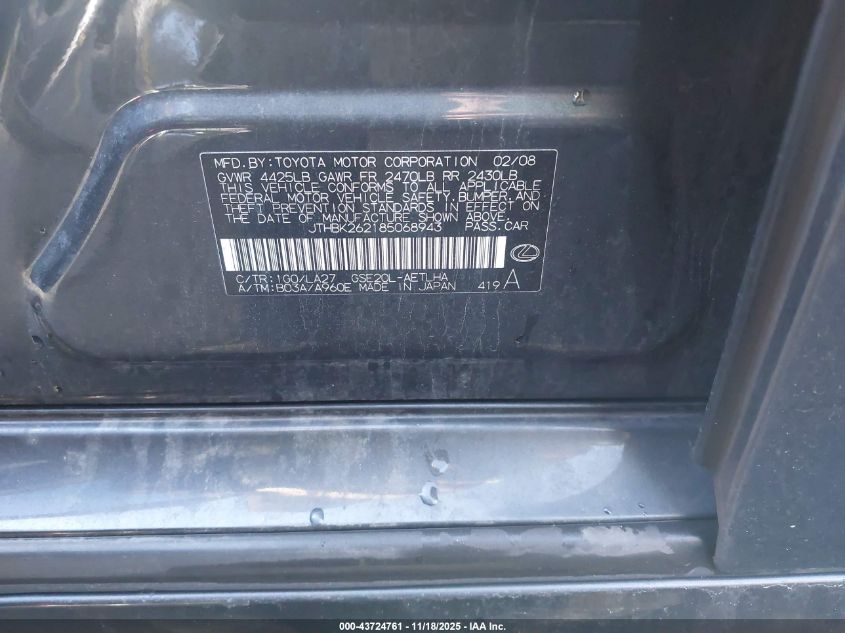 2008 Lexus Is 250 VIN: JTHBK262185068943 Lot: 43724761