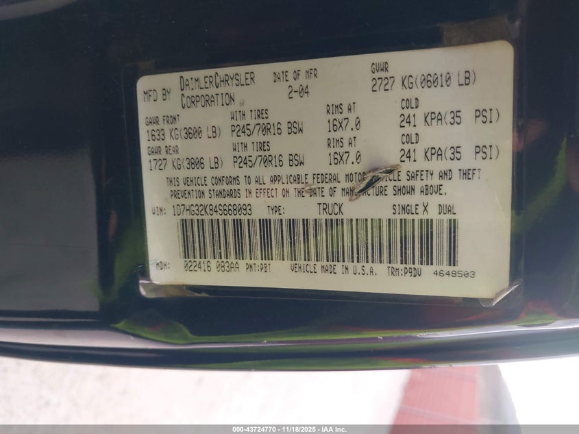 2004 Dodge Dakota Sport VIN: 1D7HG32K84S668093 Lot: 43724770