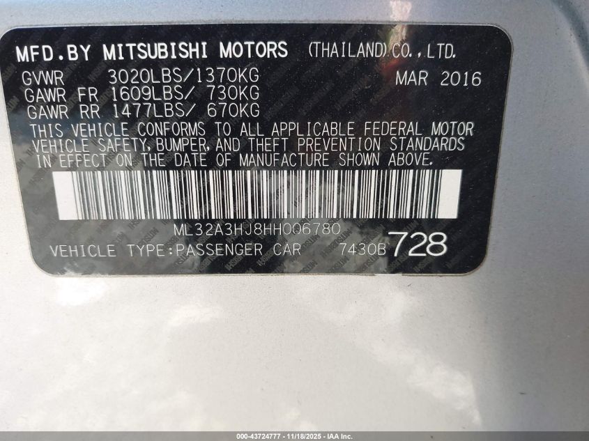 2017 Mitsubishi Mirage Es VIN: ML32A3HJ8HH006780 Lot: 43724777
