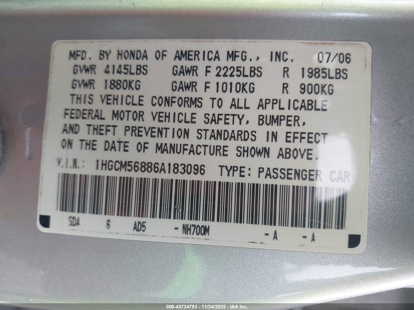 1HGCM56886A183096 2006 HONDA ACCORD photo no. 9