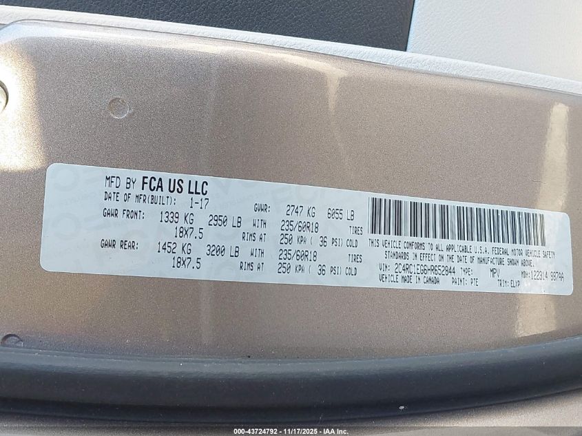 2017 Chrysler Pacifica Touring-L Plus VIN: 2C4RC1EG6HR652844 Lot: 43724792