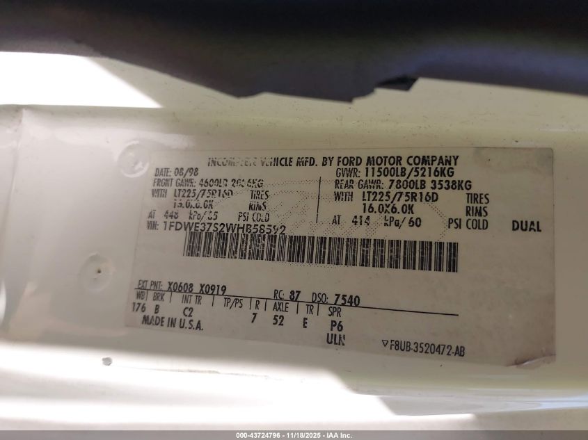 1998 Ford Econoline Rv Cutaway Standard VIN: 1FDWE37S2WHB58592 Lot: 43724796