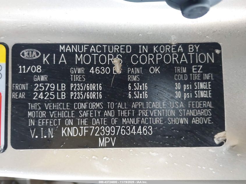 2009 Kia Sportage Ex V6 VIN: KNDJF723997634463 Lot: 43724800