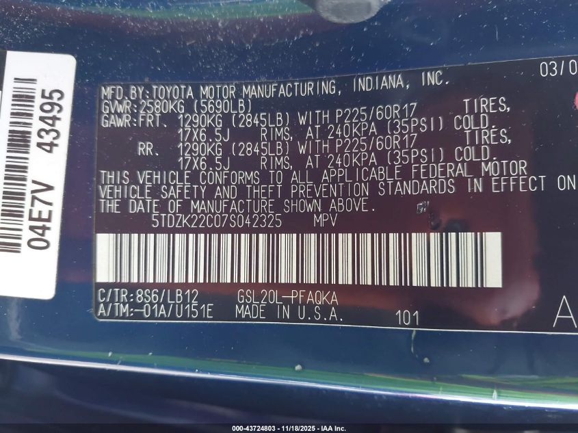 2007 Toyota Sienna Xle Limited VIN: 5TDZK22C07S042325 Lot: 43724803