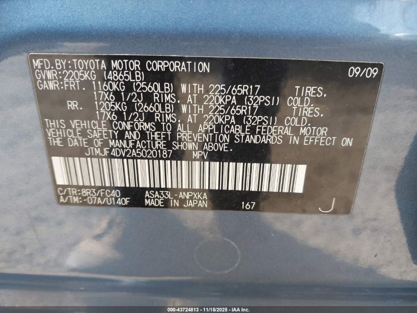 2010 Toyota Rav4 VIN: JTMJF4DV2A5020187 Lot: 43724813