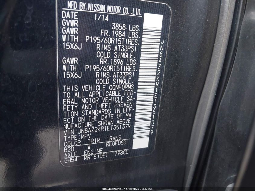 2014 Nissan Cube 1.8 S VIN: JN8AZ2KR1ET351379 Lot: 43724815