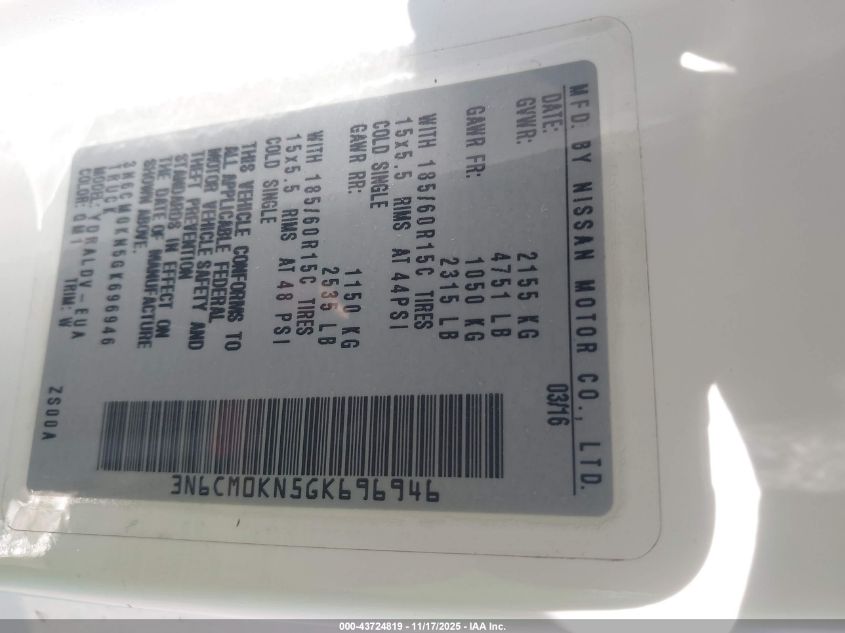 2016 Nissan Nv200 S/Sv VIN: 3N6CM0KN5GK696946 Lot: 43724819