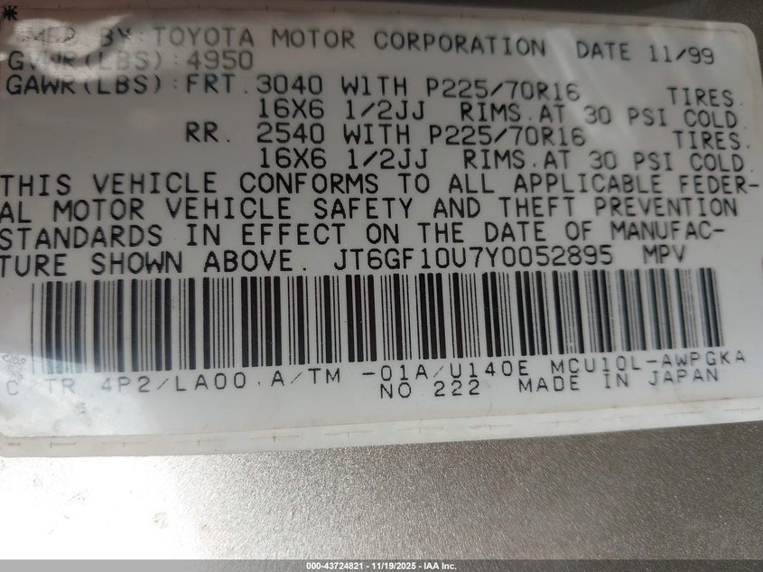 2000 Lexus Rx 300 VIN: JT6GF10U7Y0052895 Lot: 43724821