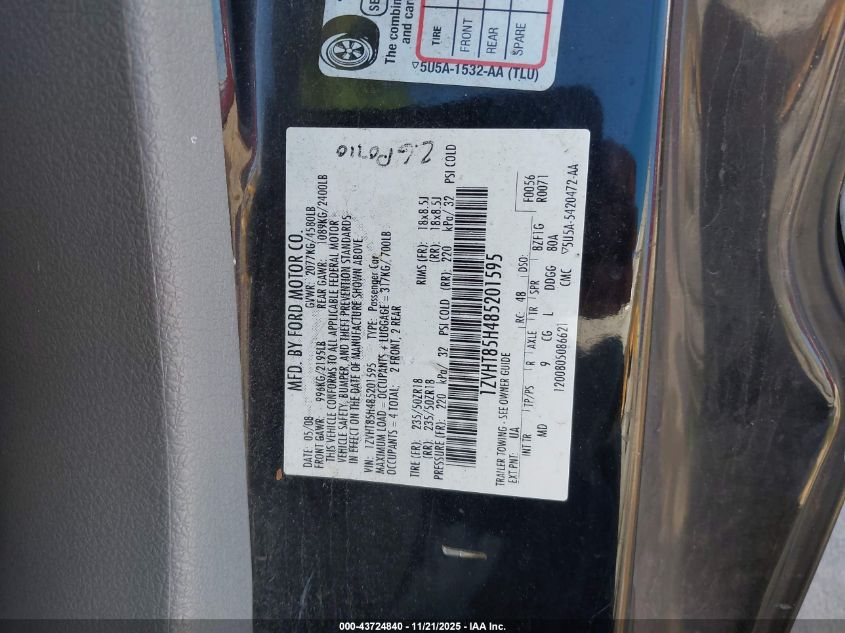 2008 Ford Mustang Gt Deluxe/Gt Premium VIN: 1ZVHT85H485201595 Lot: 43724840