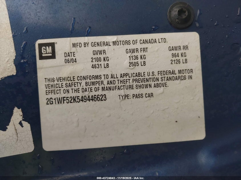 2004 Chevrolet Impala Police VIN: 2G1WF52K549446623 Lot: 43724843