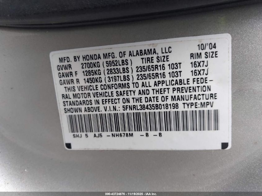 2005 Honda Odyssey Ex VIN: 5FNRL38435B018198 Lot: 43724876